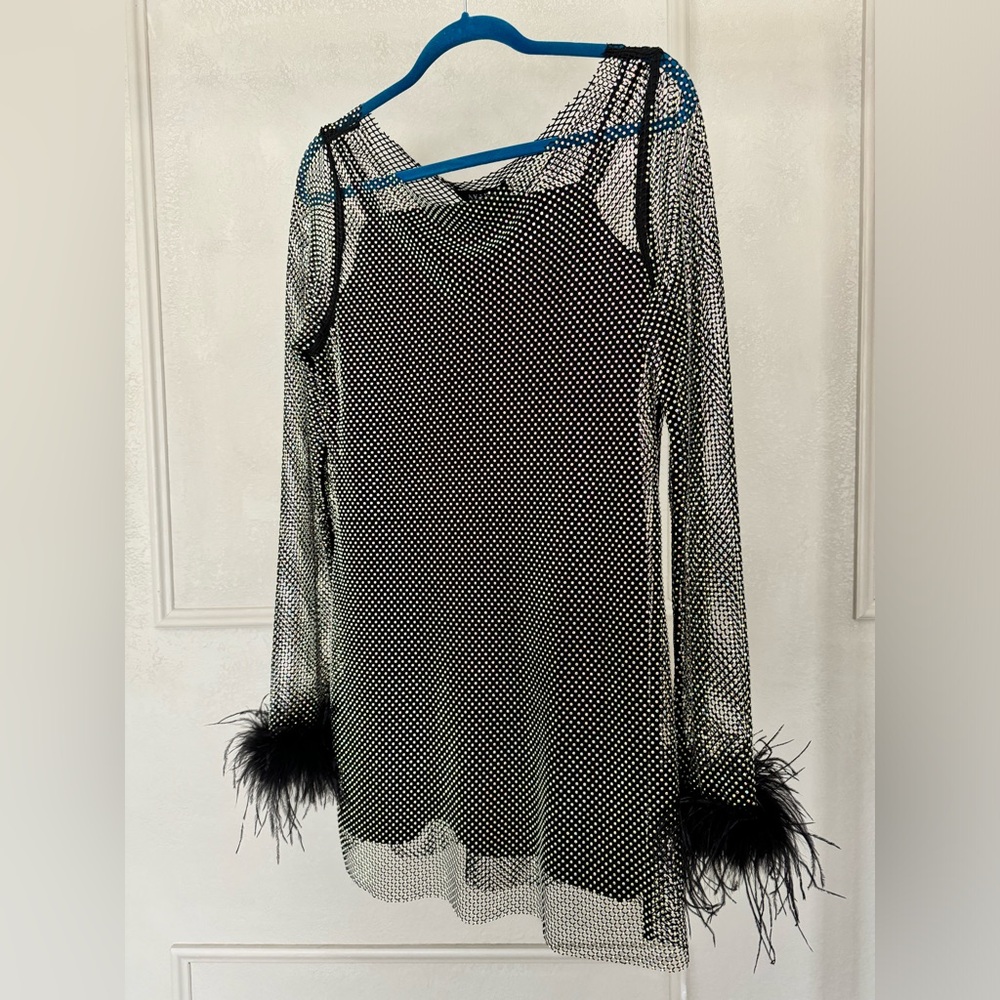 Rhinestone Mesh Dress with Feathers - Akira - Small